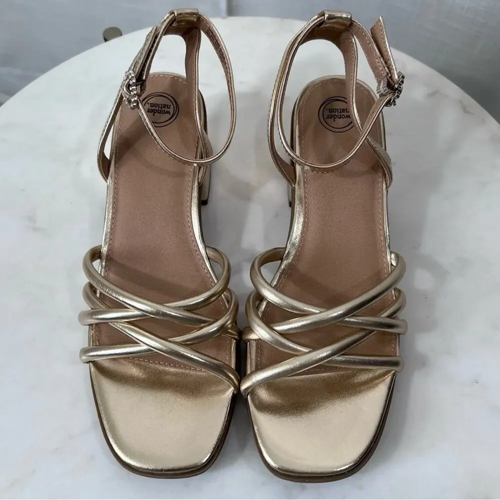 Wonder Nation NWT Strappy Gold Sandal Heels Heart Buckle Shoes Size 5